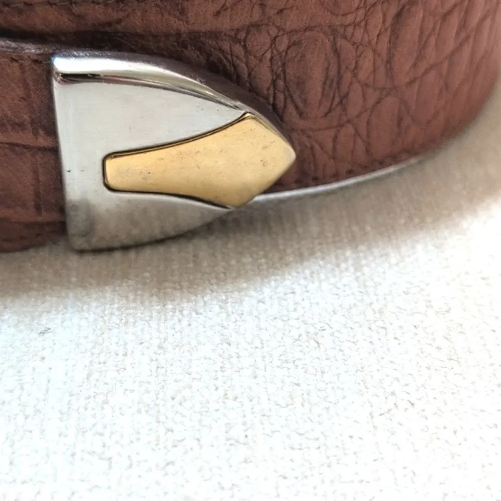 Genuine Leather Croc Embossed Brown Belt Gold & Silver Buckle and Tip Vintage